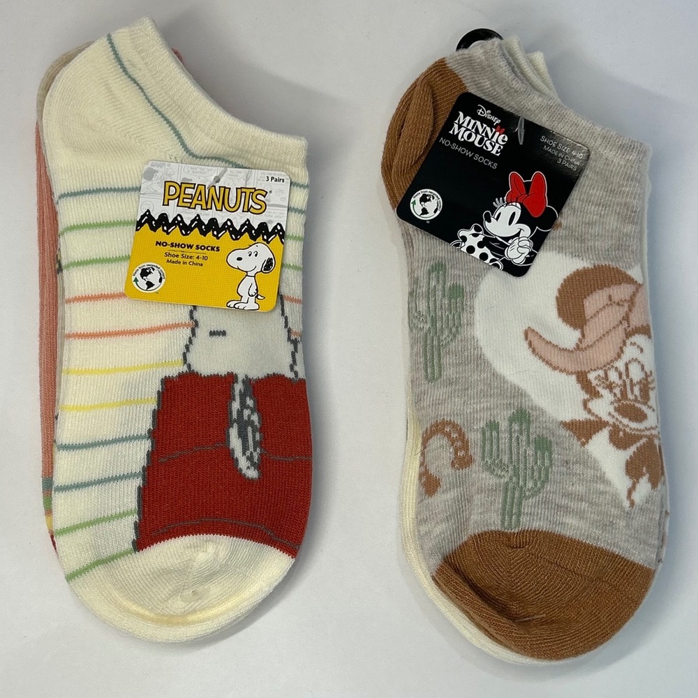 Disney Minnie Mouse & Peanuts Snoopy No Show Socks 6 Pairs Total Size 4-10 New